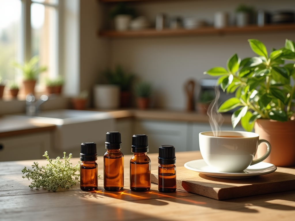 Essential oils and a steaming cup of tea on a kitchen table, with sunlit plants in the background.