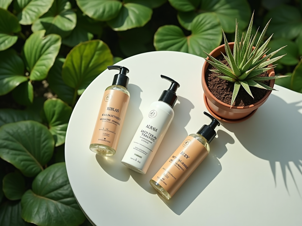 Three skincare products on a white table with a small potted succulent, surrounded by large green leaves.