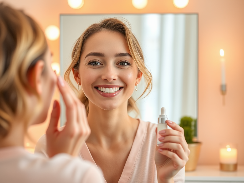 A smiling woman holding a skincare dropper in front of a mirror, applying product to her face.