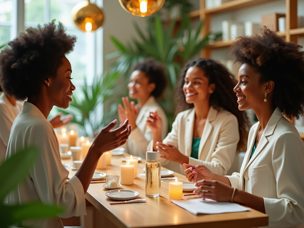 Four women enjoy a lively conversation at a candlelit table in a cozy, well-lit cafe.