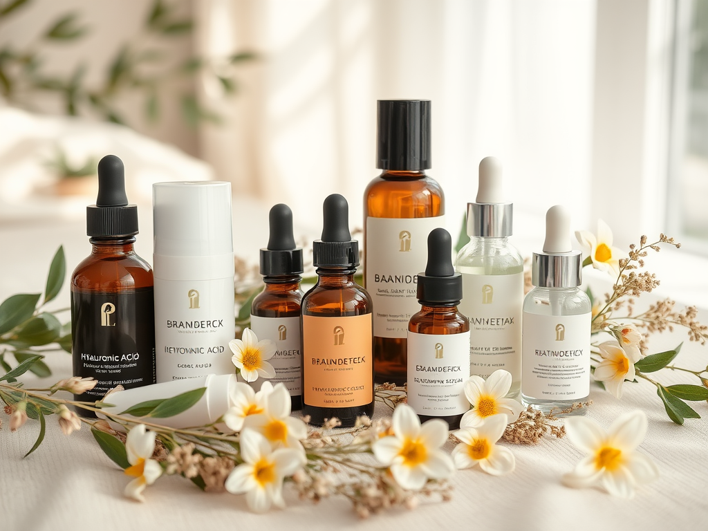 A collection of skincare serums and treatments arranged with flowers, showcasing elegant packaging and labels.