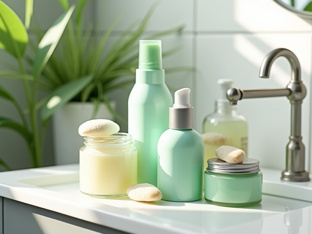 Assorted skincare products on a white bathroom counter with a green plant background.