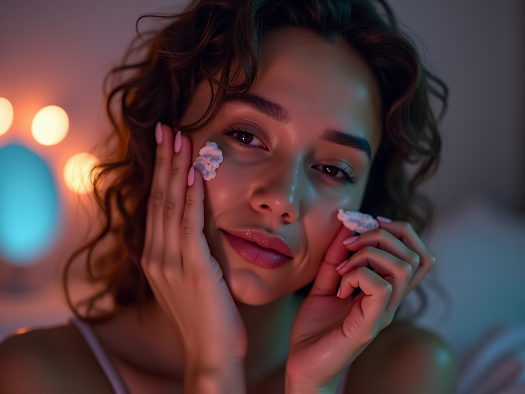 Woman with curly hair applying cream on face, soft lighting in background.