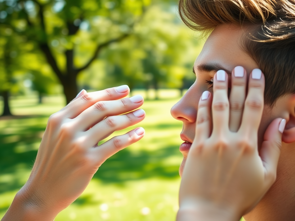 A close-up of a young man with hands gently holding his face in a lush, green park setting. Sunlight filters through trees.