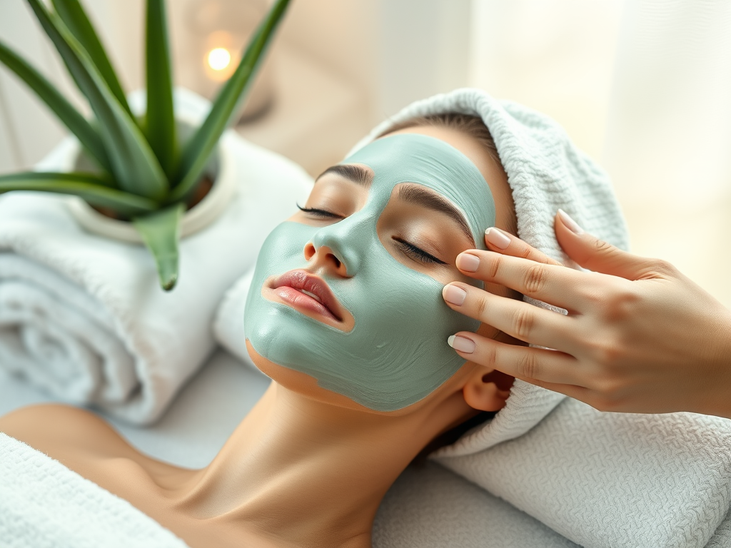 A woman relaxes with a green facial mask while receiving a gentle treatment in a spa setting.