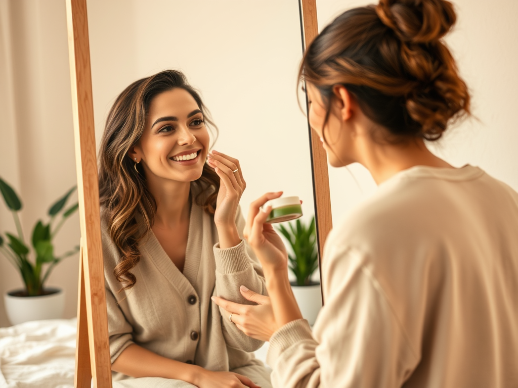 A woman smiles in front of a mirror, applying cream while sitting in a cozy room with plants in the background.