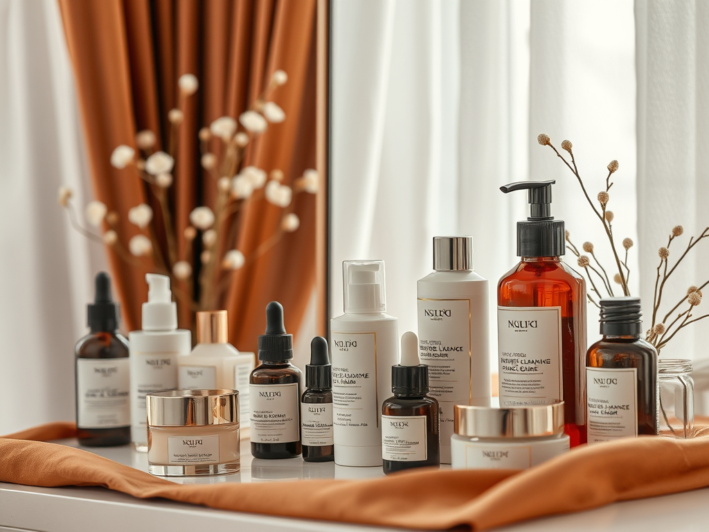 A display of various skincare products on a table, with decorative elements in a softly lit setting.