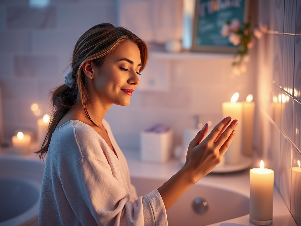 A woman in a cozy setting, smiling and enjoying the ambiance created by glowing candles.