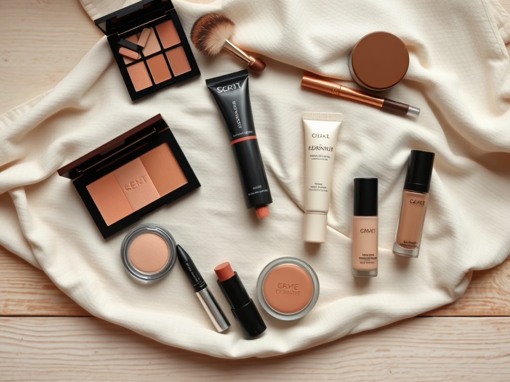 A flat lay of various makeup products, including blushes, foundations, and lip colors, on a light fabric background.