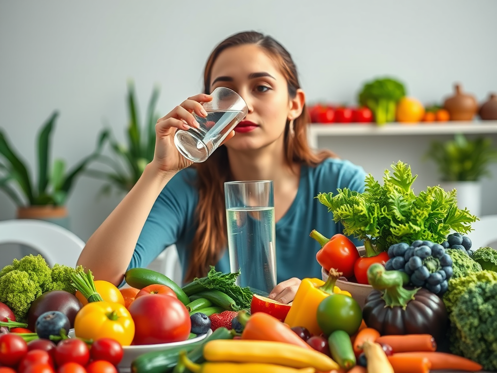 A woman sits at a table filled with fresh vegetables and fruits, sipping water from a glass.