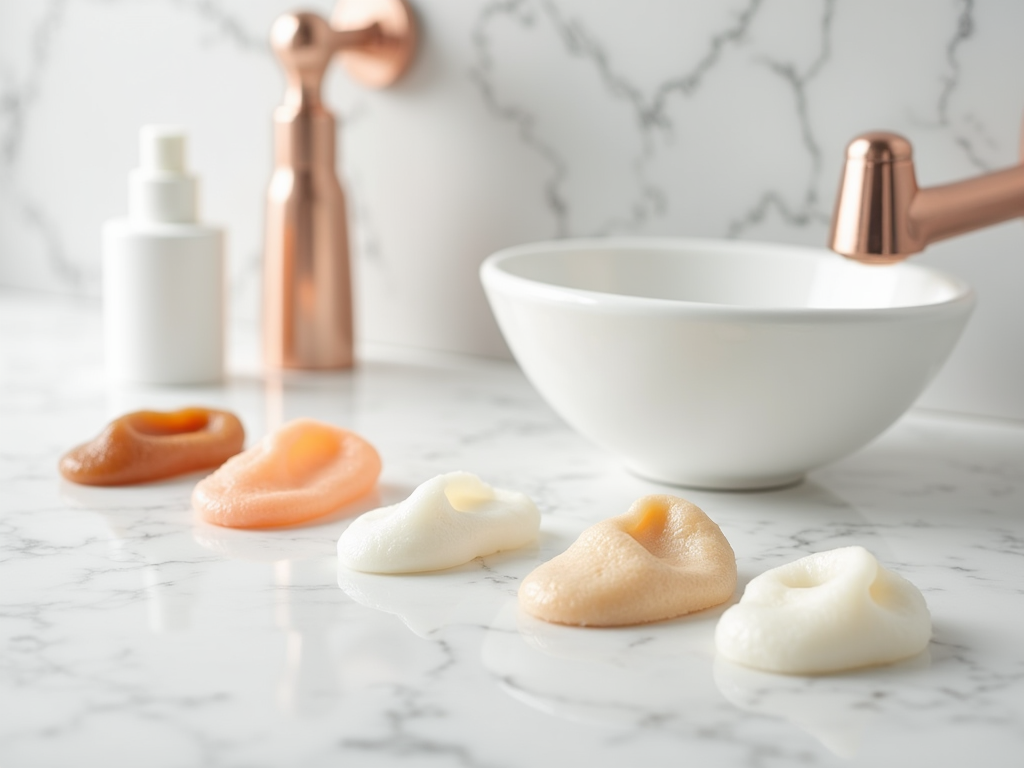 A white bathroom sink with dollops of facial cleanser in front and a copper tap.