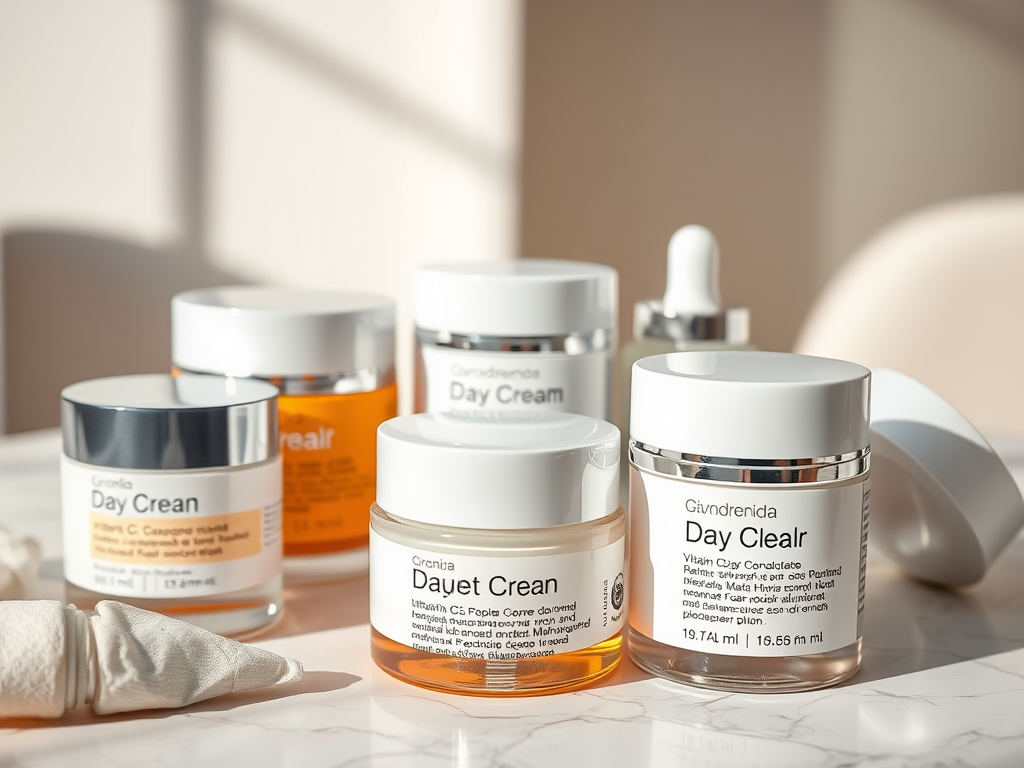 A collection of skincare products including creams and serums, arranged on a marble surface with soft lighting.