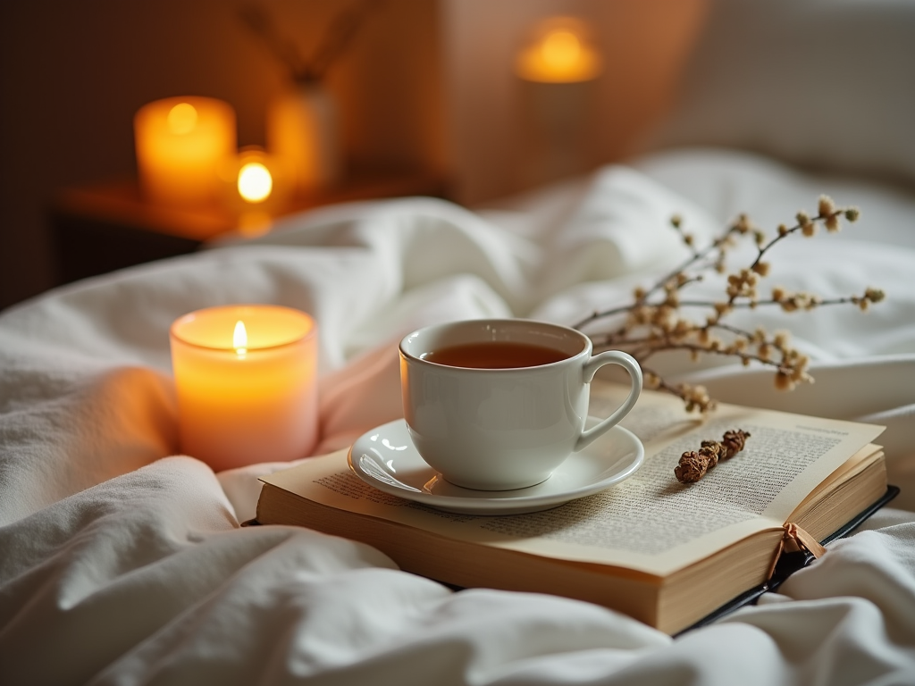 Cozy scene with a cup of tea, an open book, and lit candles on a white bedspread.