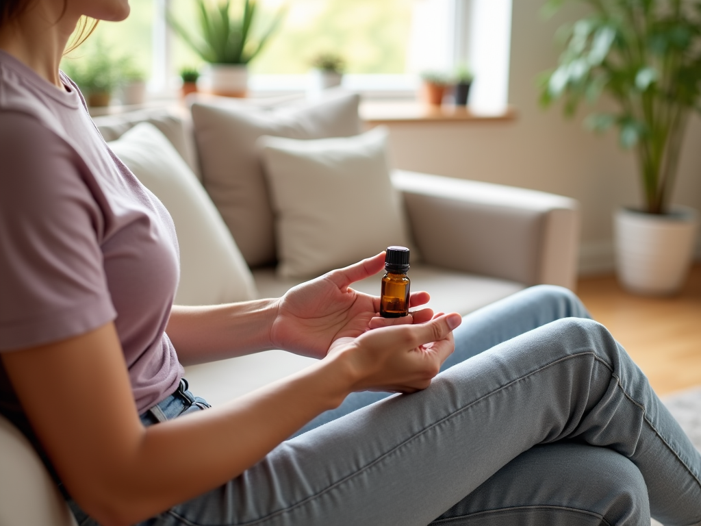 Woman holding a small bottle of essential oil, sitting in a bright, plant-filled living room.