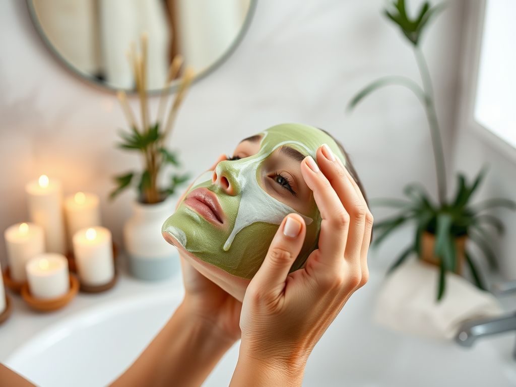 A person applies a green facial mask in a serene bathroom setting, with candles and plants in the background.