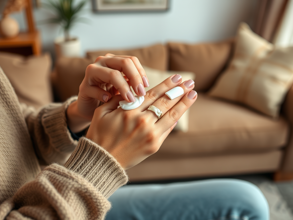 A person applies cream to their hand while sitting on a couch in a cozy living room setting.