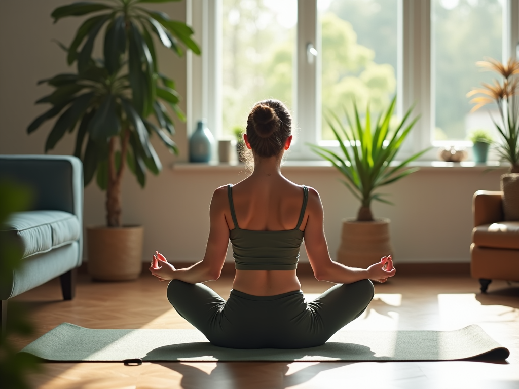 Woman meditating in a sunny room with plants, facing a window.