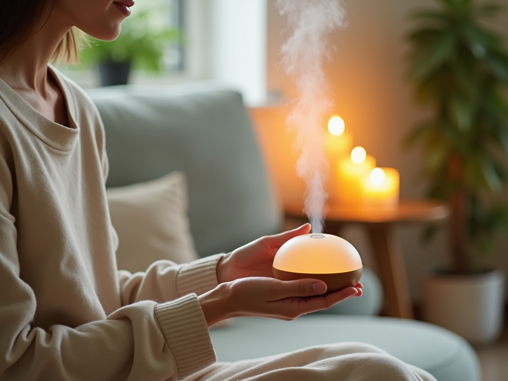 Woman using an essential oil diffuser in a cozy room with candles.