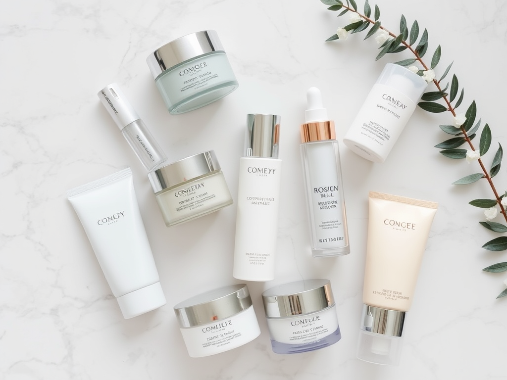 A flat lay of various skincare products arranged aesthetically on a marble surface, with greenery accentuating the display.