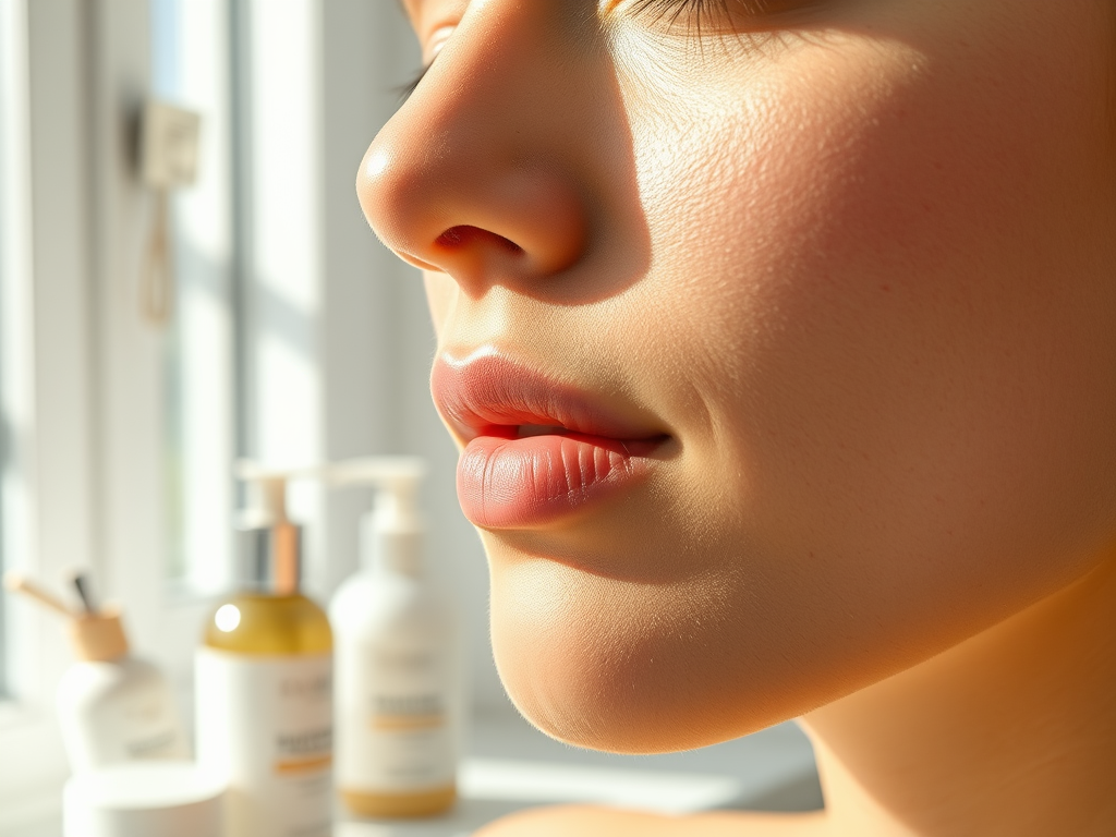 A close-up of a woman’s face, showcasing smooth skin and soft lips, with skincare products in the background.