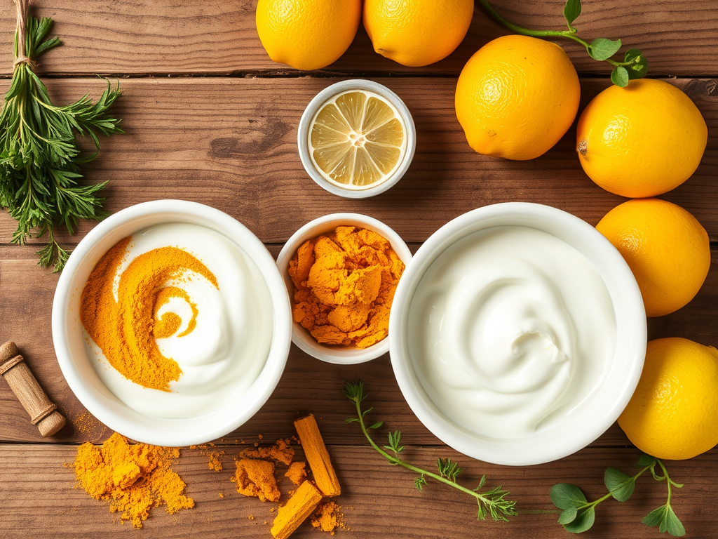 Ingredients on a wooden surface: bowls of yogurt and turmeric, fresh lemons, herbs, and turmeric powder.